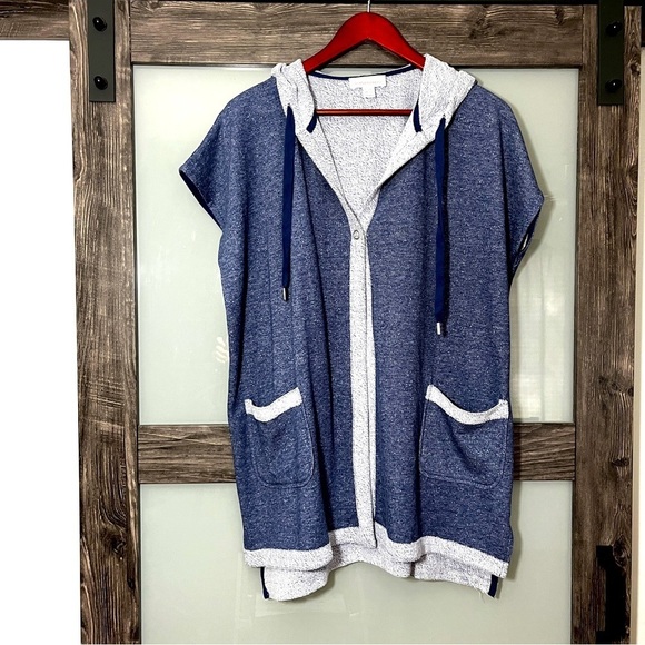 Stan Herman Tops - Stan Herman Lagenlook Blue Hooded Vest with Pockets Raw Hem Boxy OS